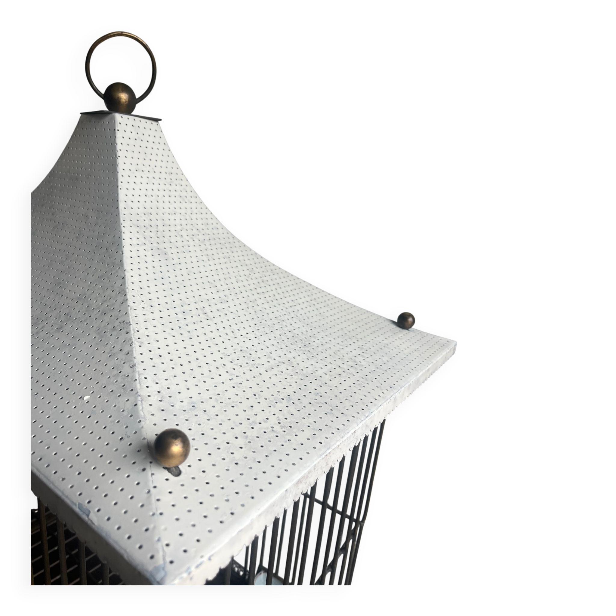 Mid-century pagoda bird cage on stand — white & black metal with brass accents