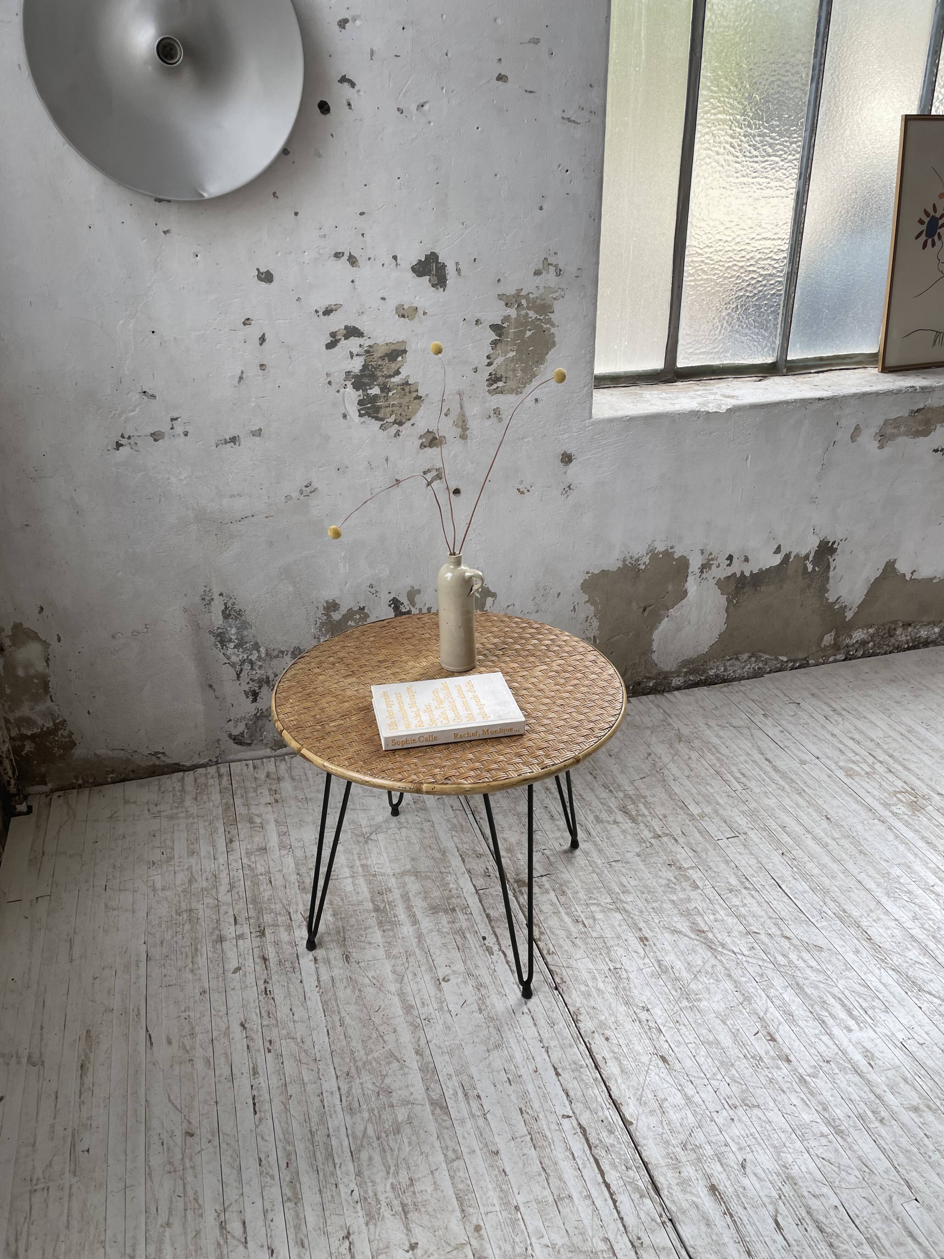 Wicker and metal coffee table from the 1950s