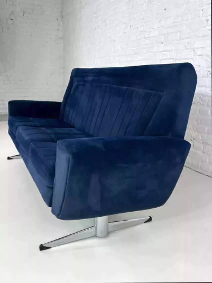 Scandinavian style sofa from the 50s - 60s in blue fabric and base