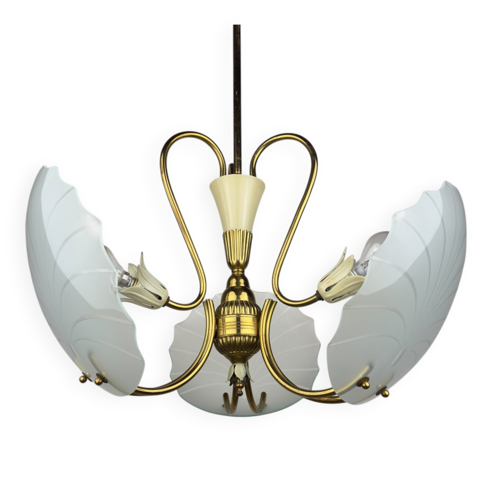 Antique brass and glass chandelier in the style of Pietro Chiesa for Fontana Arte, Italy, 1930s.