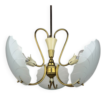 Antique brass and glass chandelier in the style of Pietro Chiesa for Fontana Arte, Italy, 1930s.