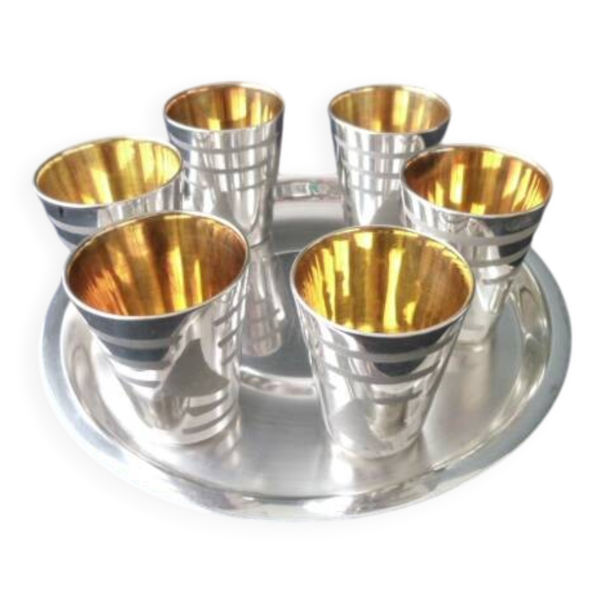 Liqueur service, silver-plated metal shot.