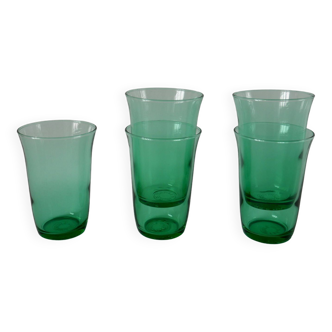 set of 5 green glass water glasses made in France 70s