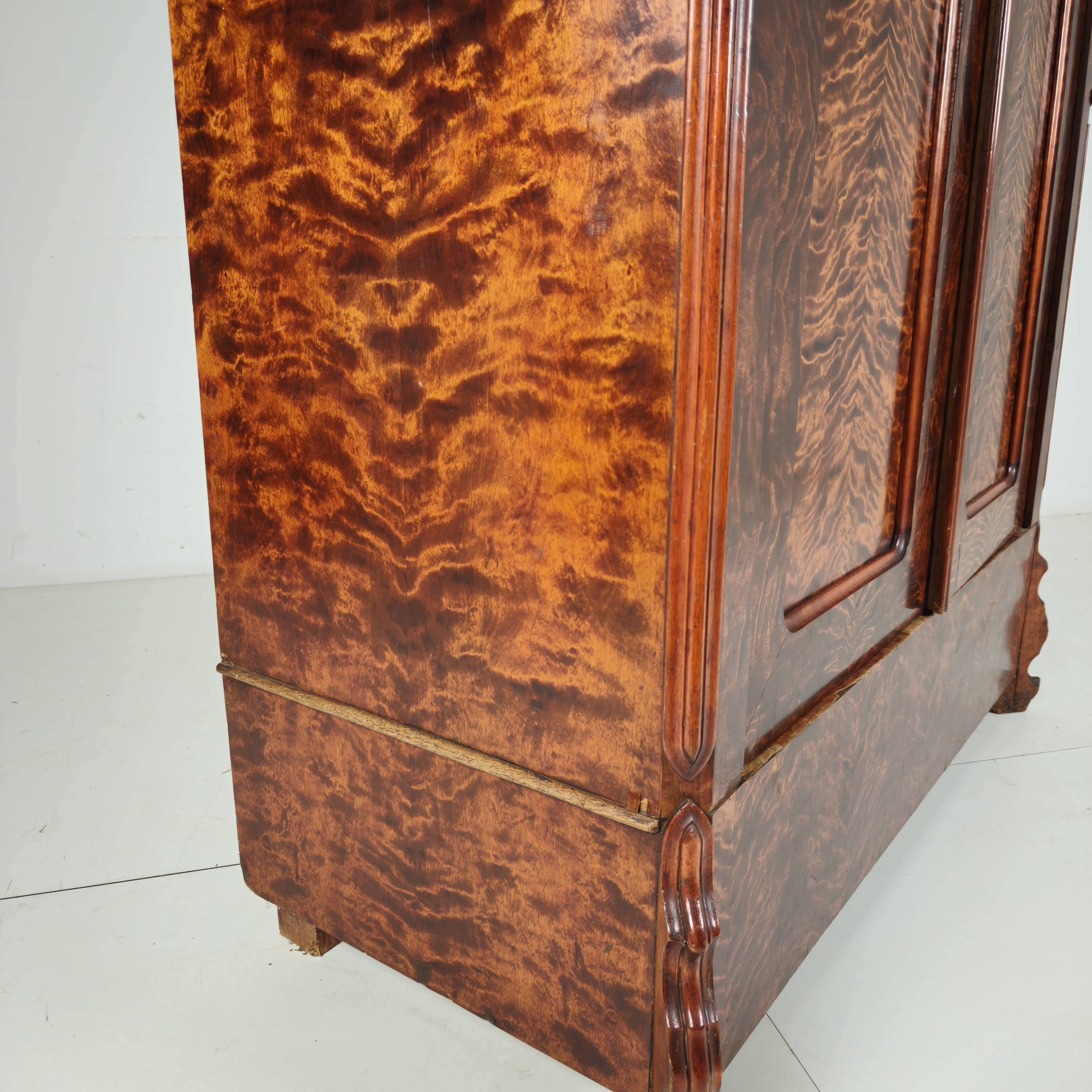 19th Century Pine Linen Cupboard / Wardrobe with Flame Veneer