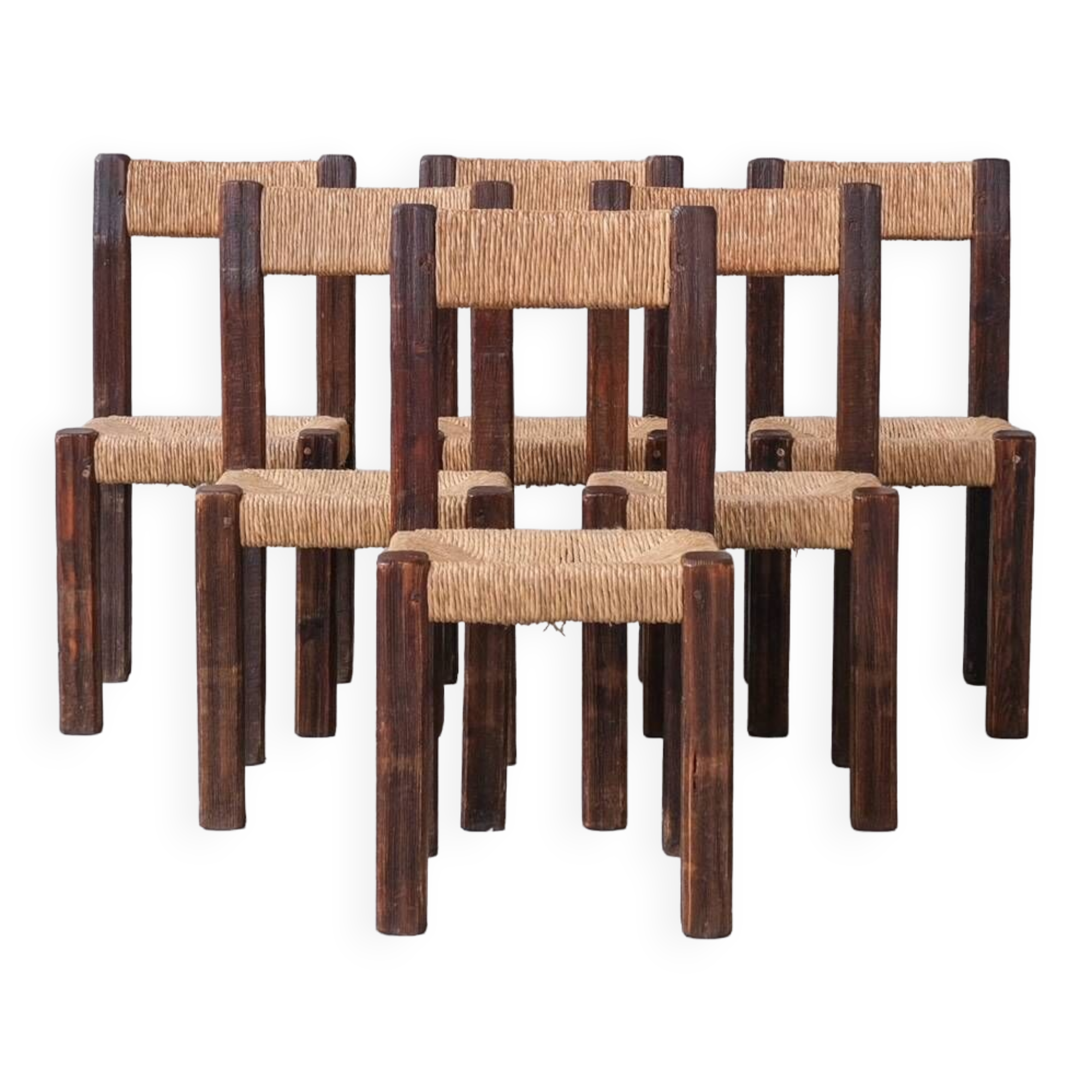 Ensemble de six chaises de salle à manger françaises Chunky Rush du milieu du siècle