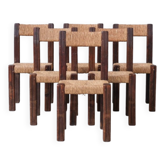 Set of Six French Chunky Rush Mid-Century Dining Chairs