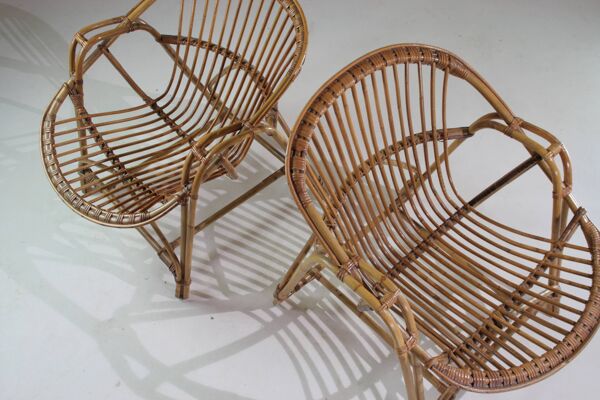 Paire de fauteuils coquille en rotin, France 1960