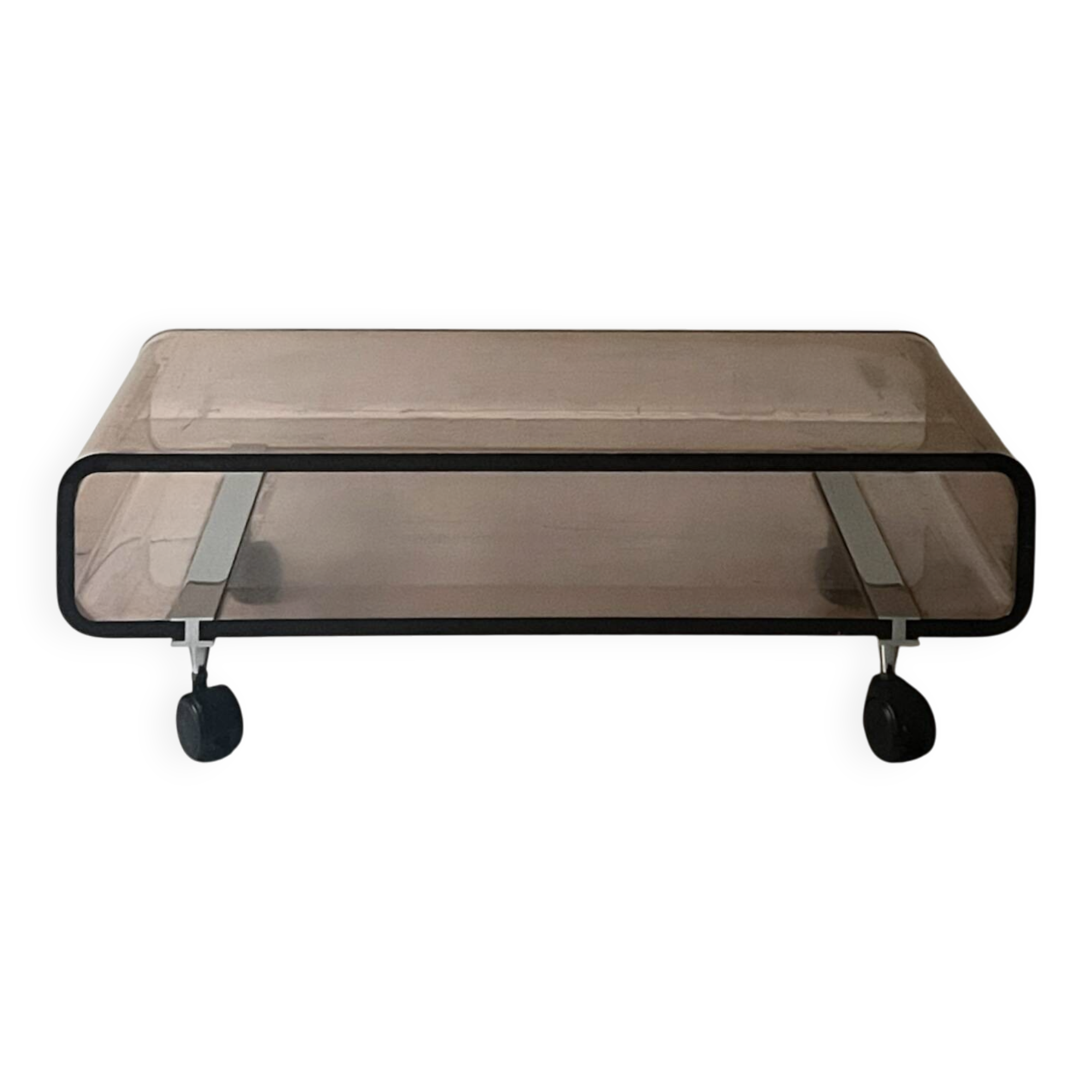 Smoked plexiglass coffee table on wheels, Roche Bobois design 1970.