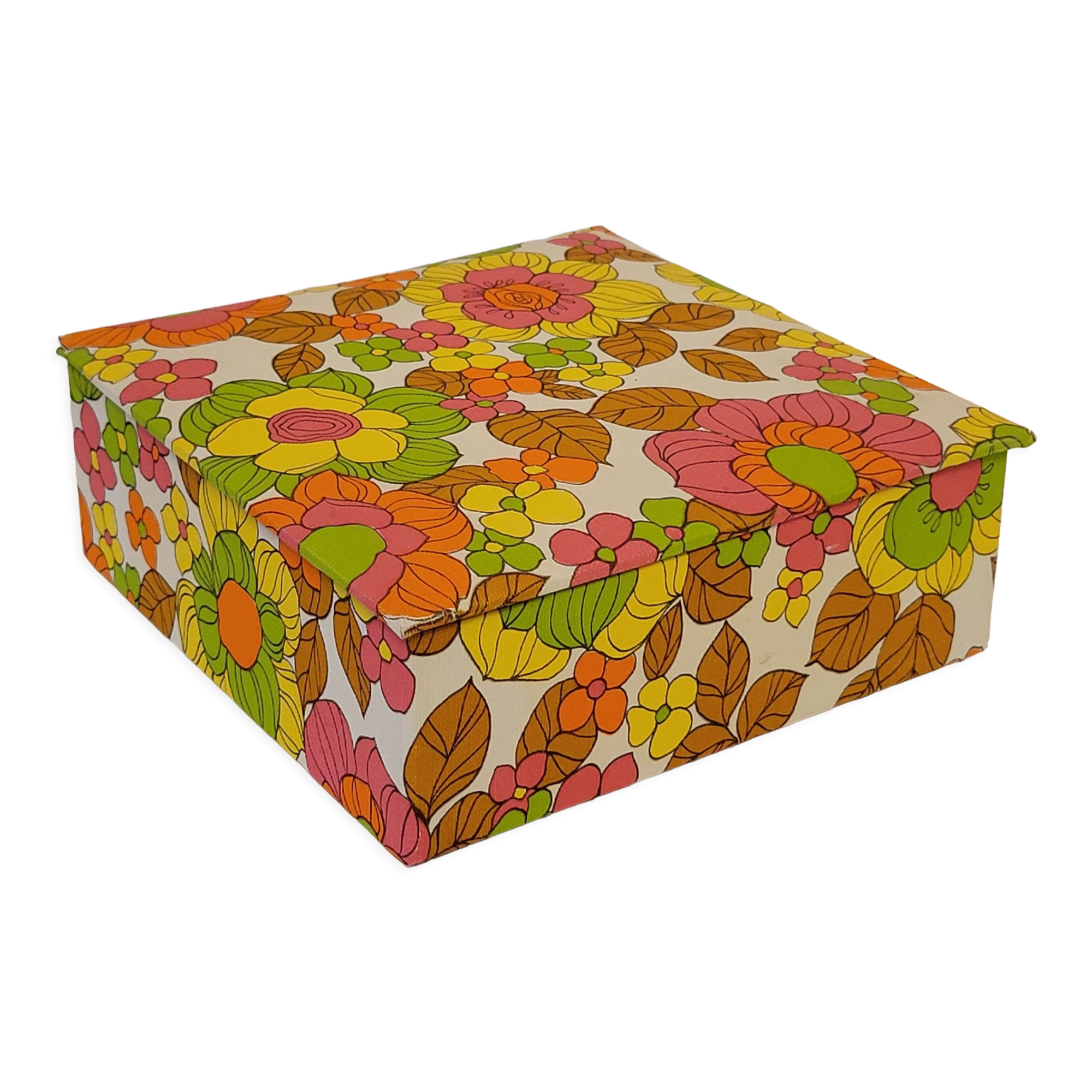 70s box in oilcloth fabric psychedelic floral decoration
