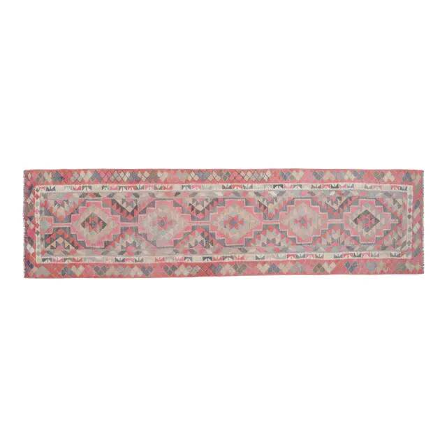 1970s Vintage Turkish Handmade Wool & Cotton Pink Runner Rug