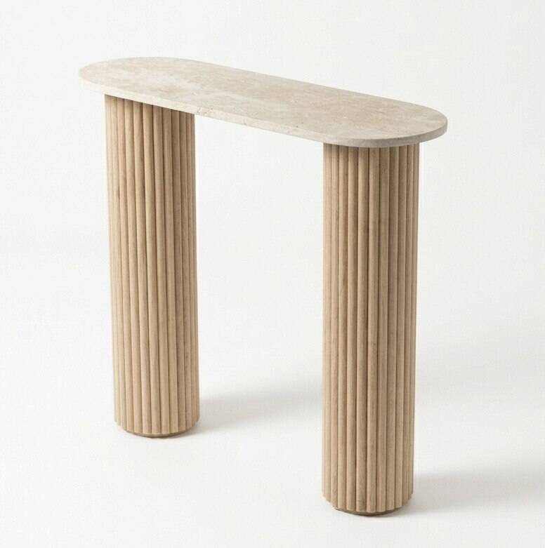 Travertine and wood console | raw oak
