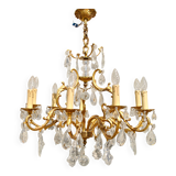 Lustre à pampilles 9 feux monumental en bronze doré et cristal suspension