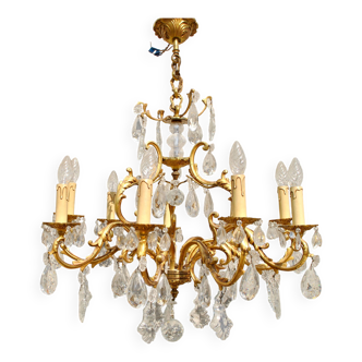 Lustre à pampilles 9 feux monumental en bronze doré et cristal suspension