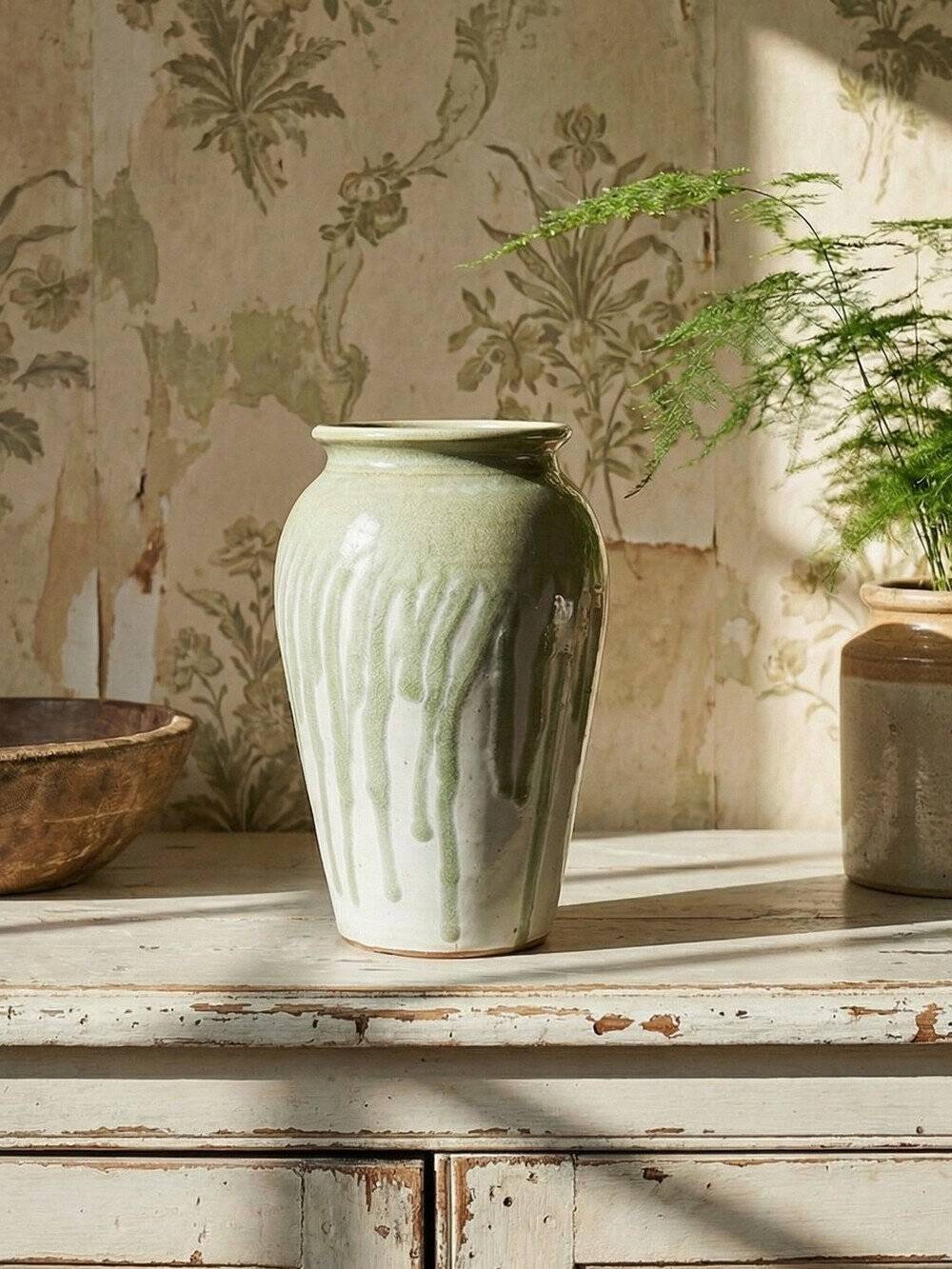 Vintage ash-glazed artisanal stoneware Wabi-Sabi modernist vase