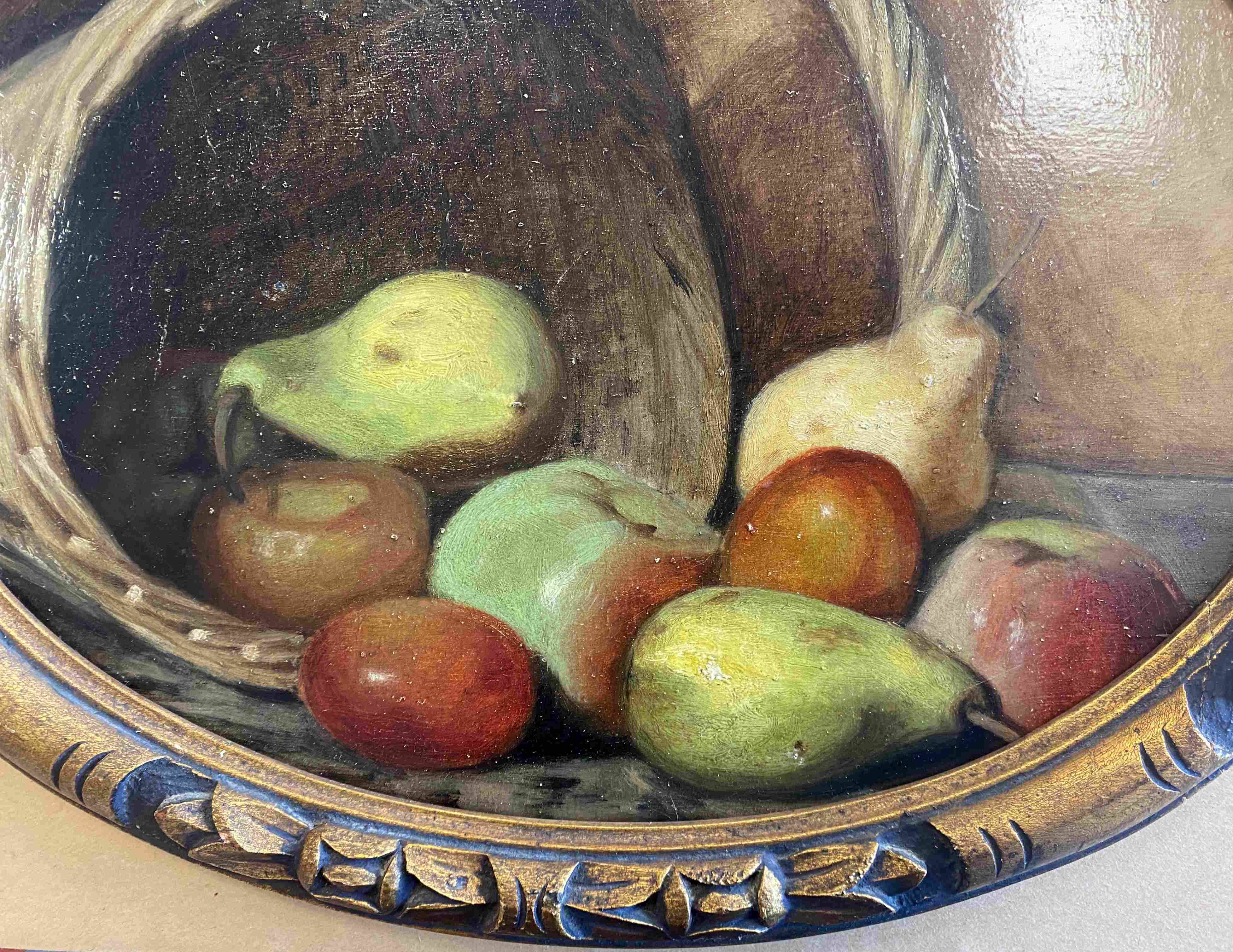 HSP painting oval view "Fruit basket" circa 1900 on SADO cigarette cardboard