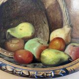 Tableau HSP vue ovale "Panier de fruits" vers 1900 sur carton cigarettes SADO