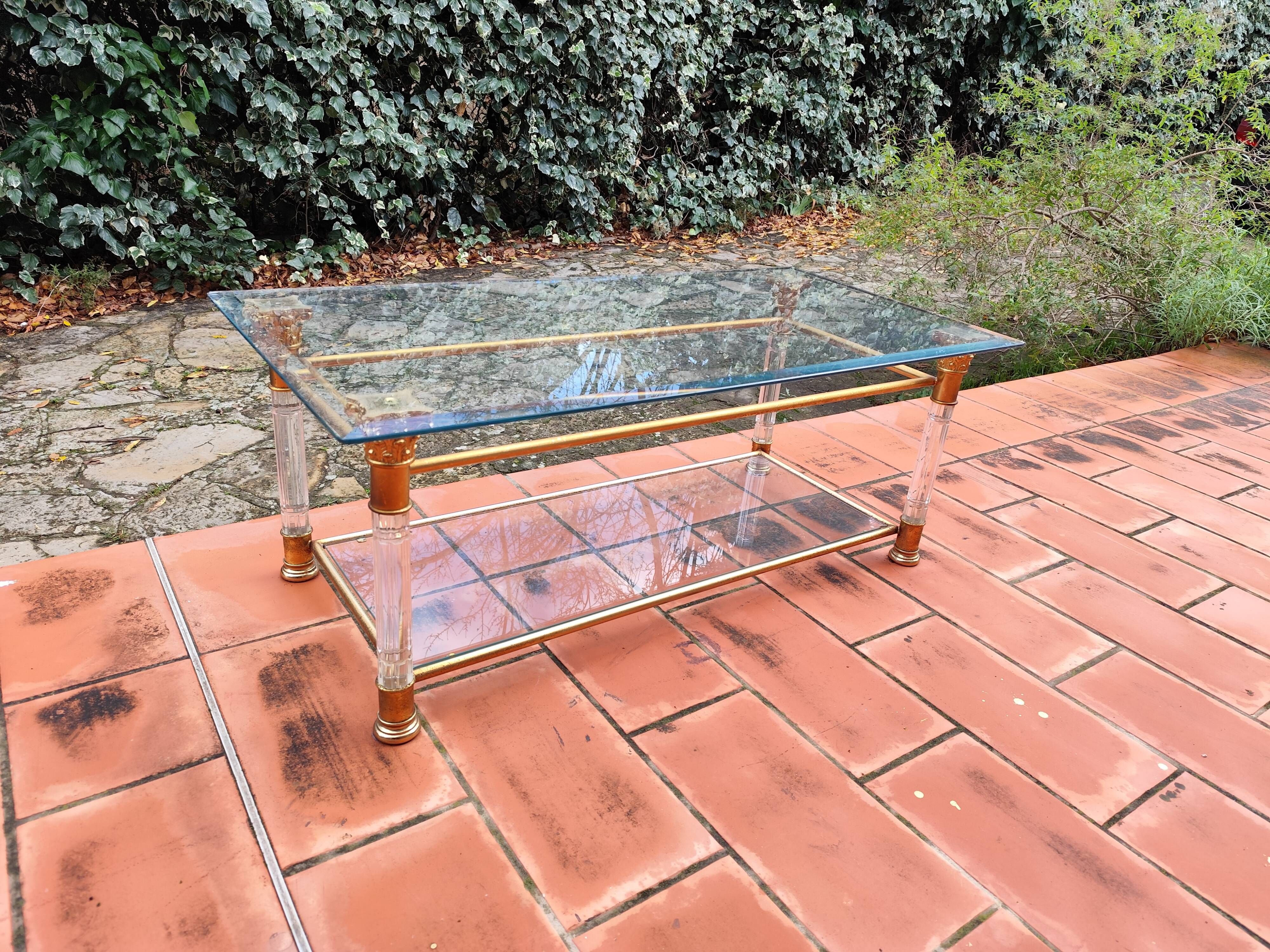 Rectangular coffee table in glass, brass and plexiglass Italy Hollywood Re