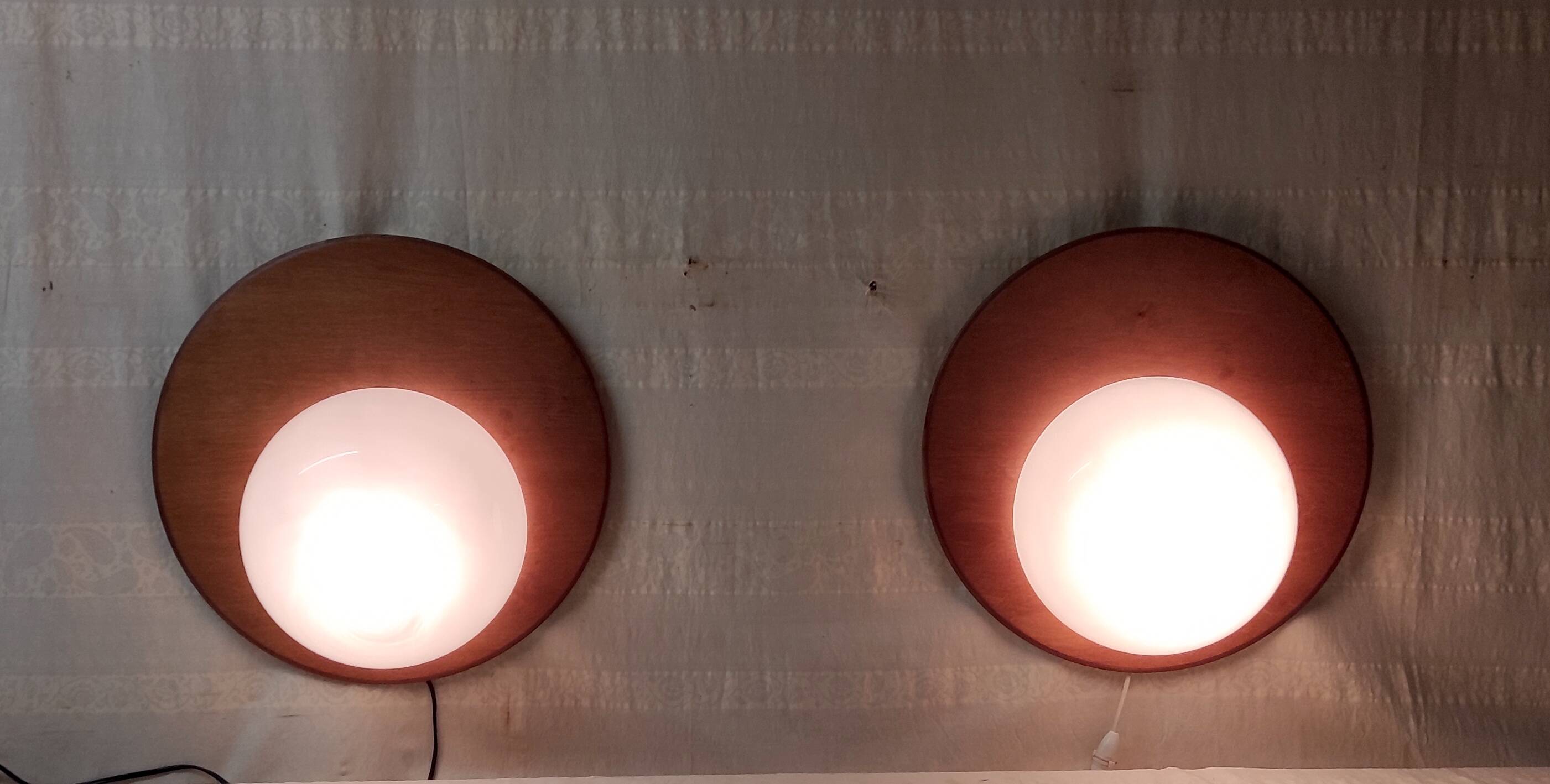 Designer wall lights in wood and opaline globe - mid-20th century