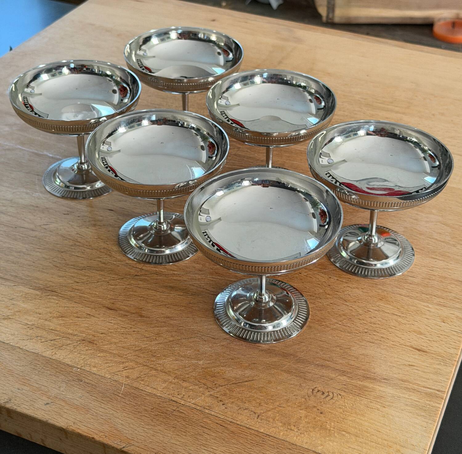 Série de 6 coupes à glace, cocktail vintage en inox brillant