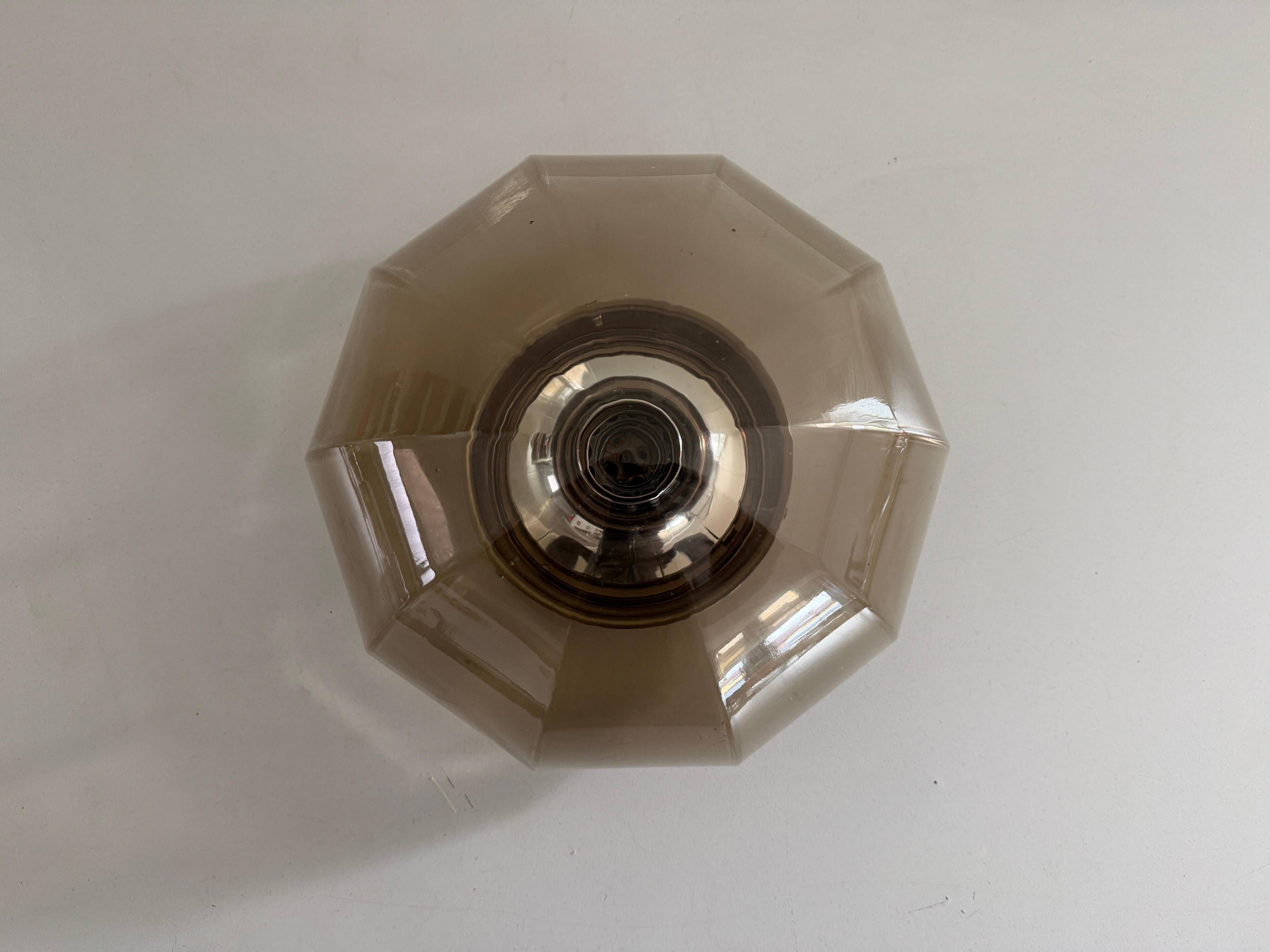 Flush-mounted brown glass fixture and metal base by N Leuchten, 1960s, Germany.