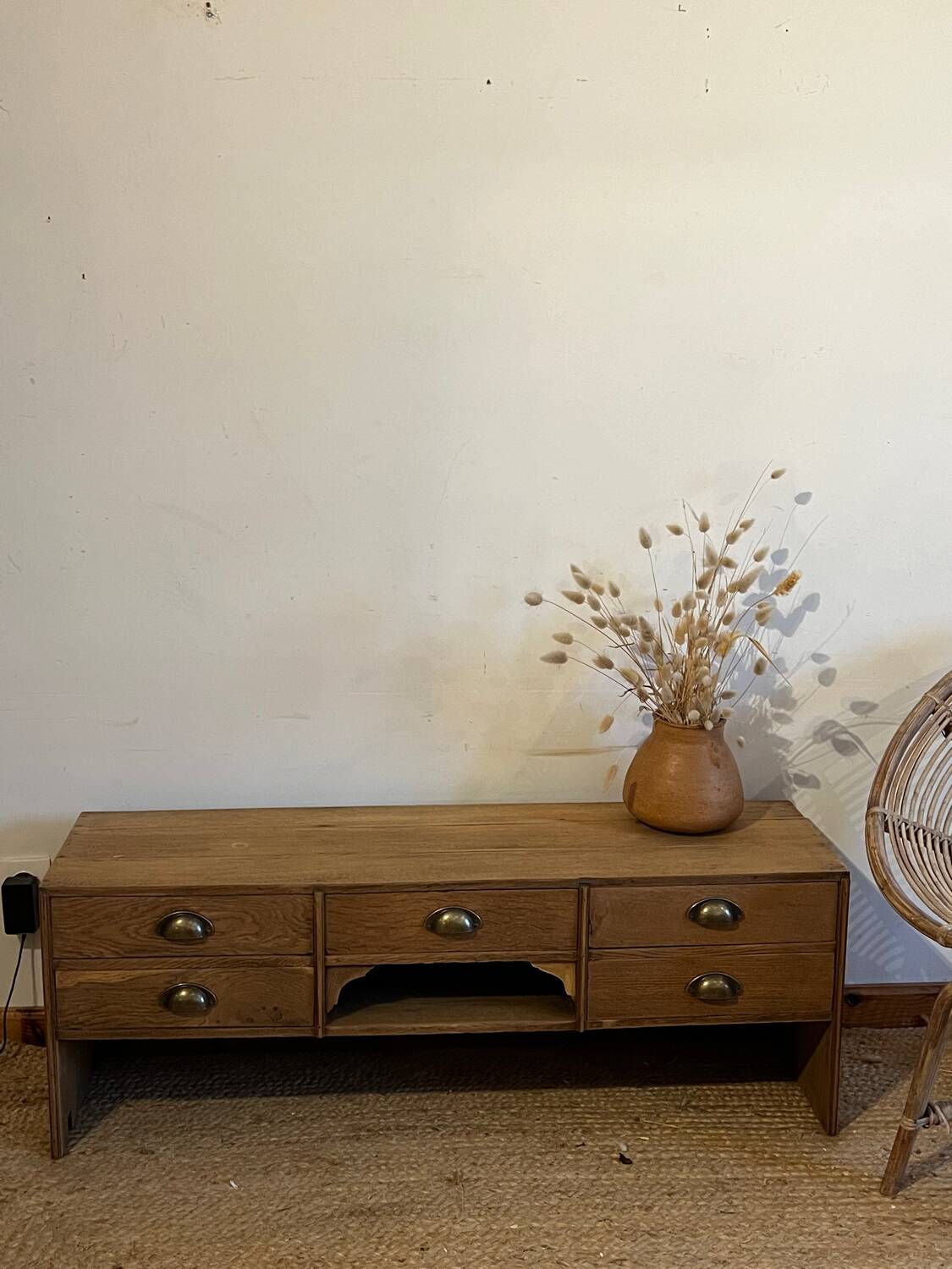 Antique TV cabinet in raw solid oak with 5 drawers