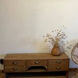 Antique TV cabinet in raw solid oak with 5 drawers