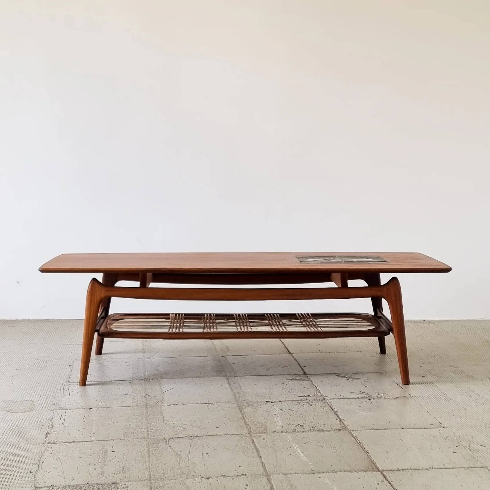 Teak coffee table by Louis Van Teeffelen with tile inlay.