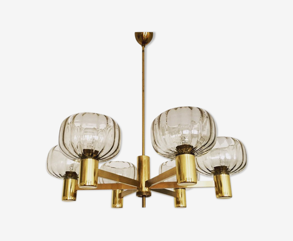 Mid Century Modern Brass Chandelier With Smoked Glass Shades Selency Mid Century Modern Brass Chandelier, Modern Brass Chandelier With Shades