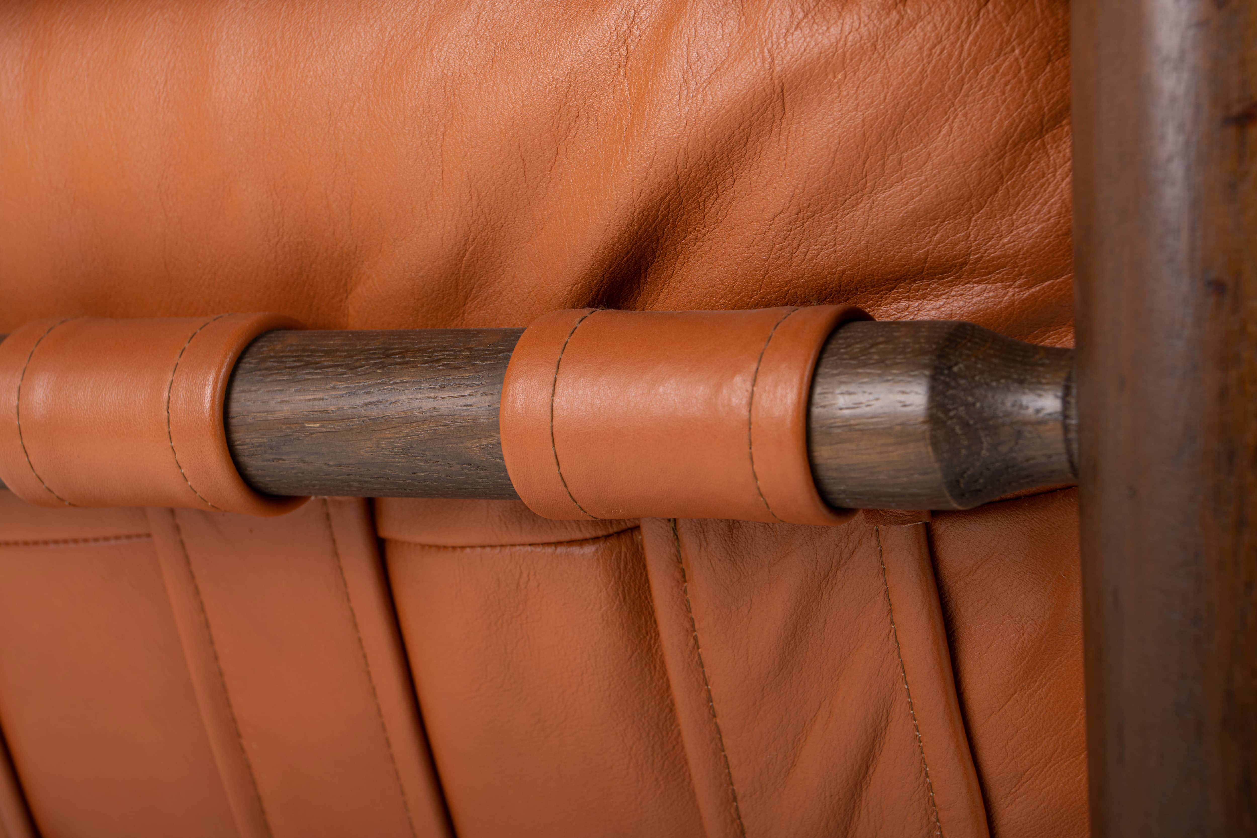 Brutalist Lounge Chair and Ottoman in Cognac Leather , 1970s