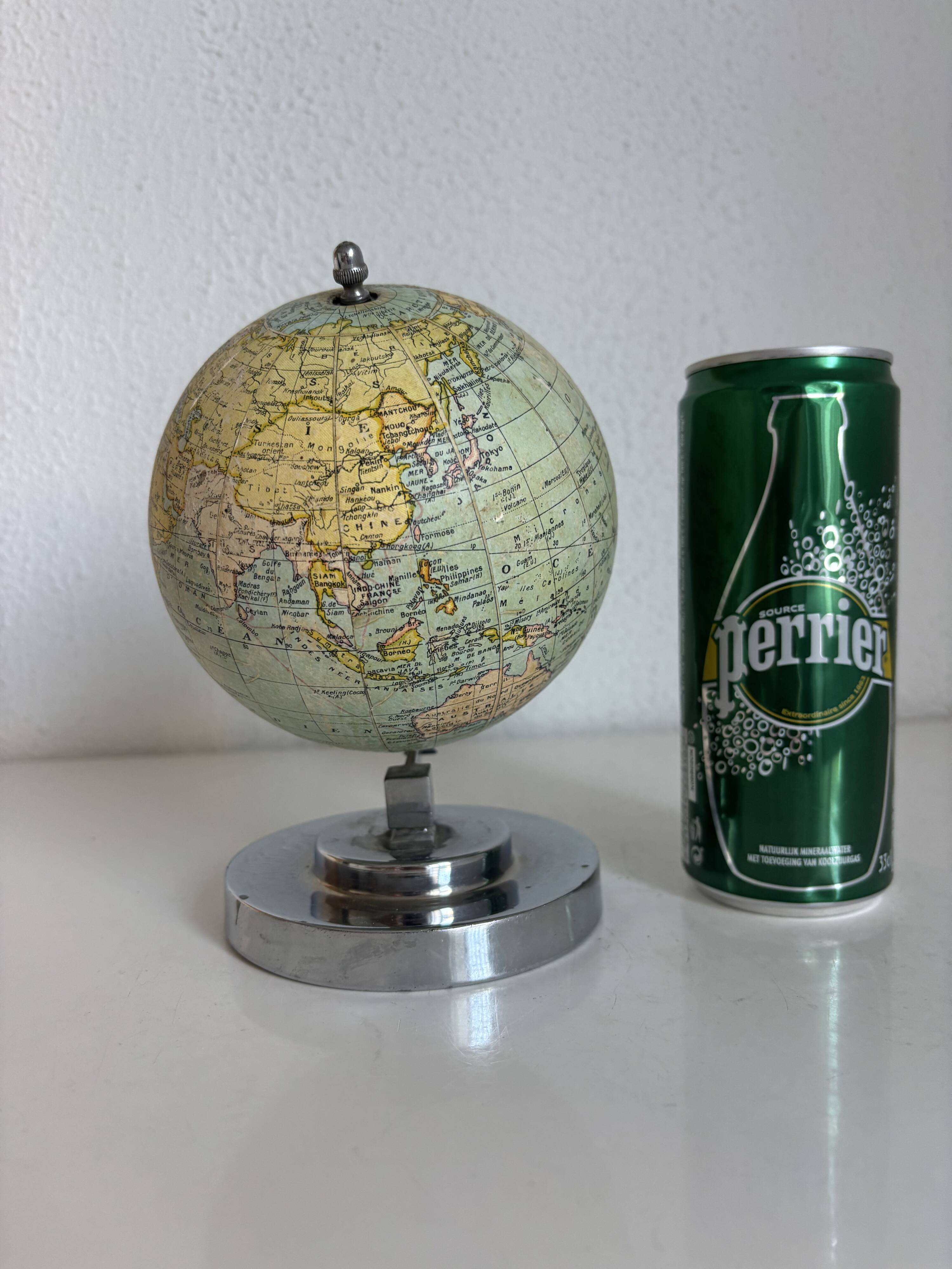 Antique French terrestrial globe – Chrome Art Deco base – Circa 1930 – Cart