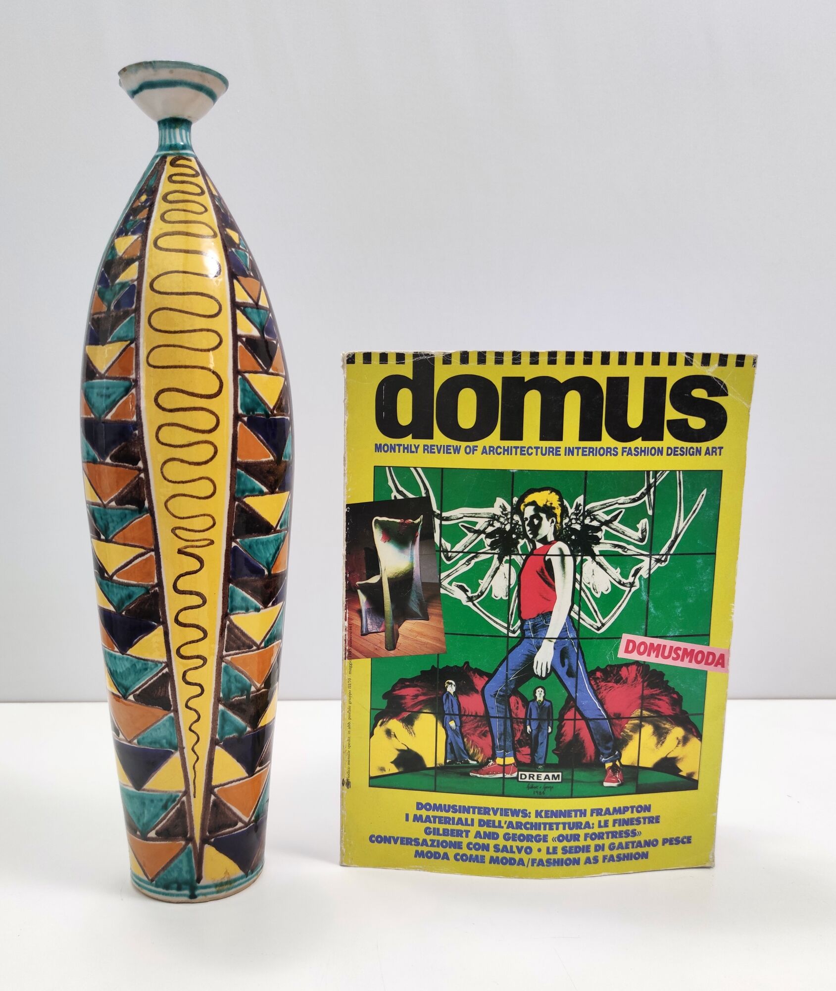 Vintage Multicolored Lacquered Ceramic Vase with Geometric Patterns, Italy