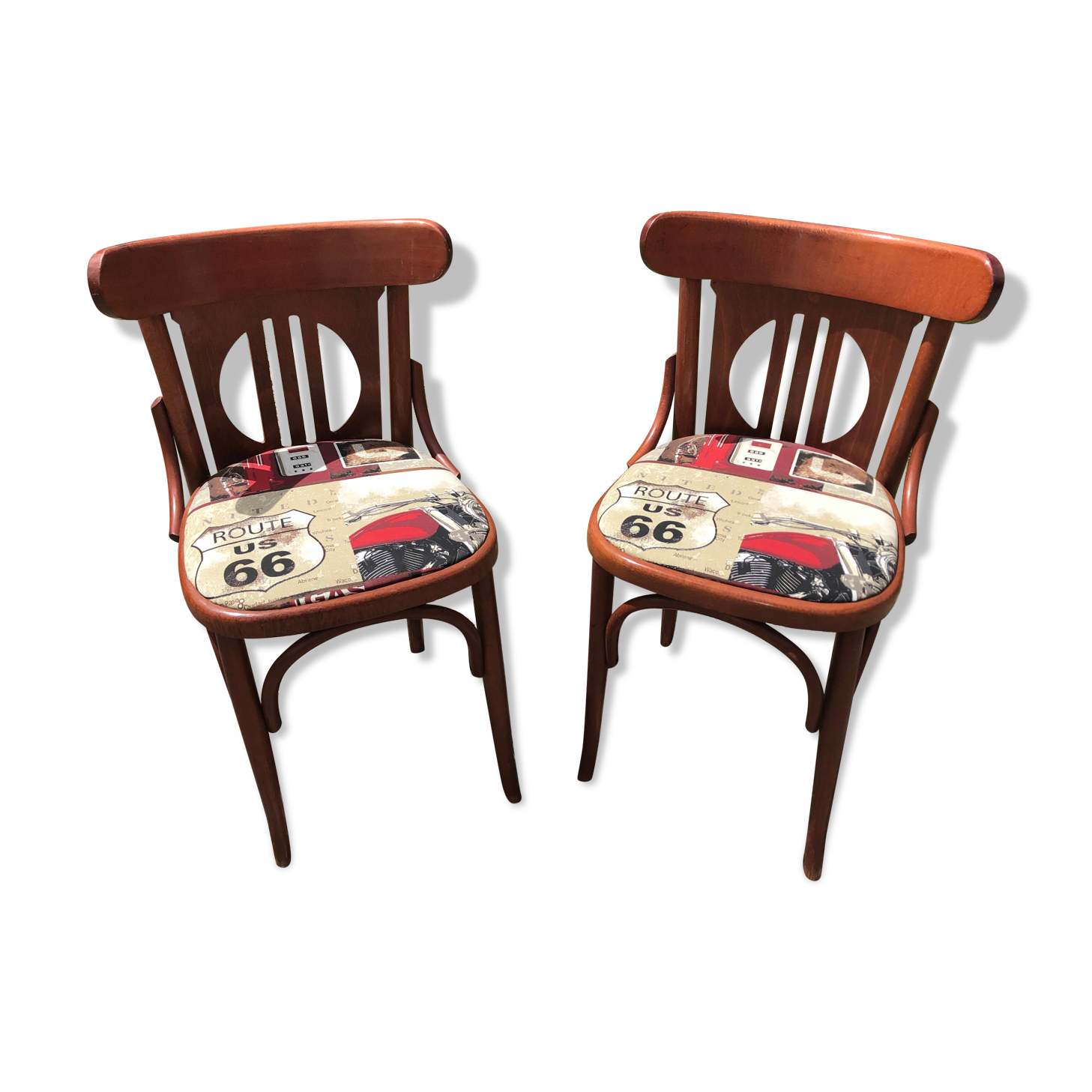 Pair of vintage bentwood chair + route 66 fabric seat