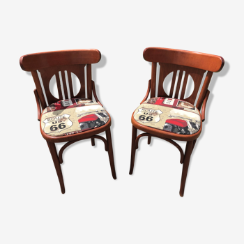 Pair chair curved wood + seat fabric route 66 vintage