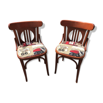 Pair chair curved wood + seat fabric route 66 vintage