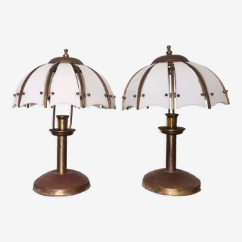 Pair Portuguese modernist table lamps in opal white acrylic