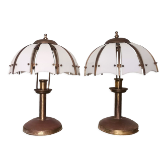 Pair Portuguese modernist table lamps in opal white acrylic