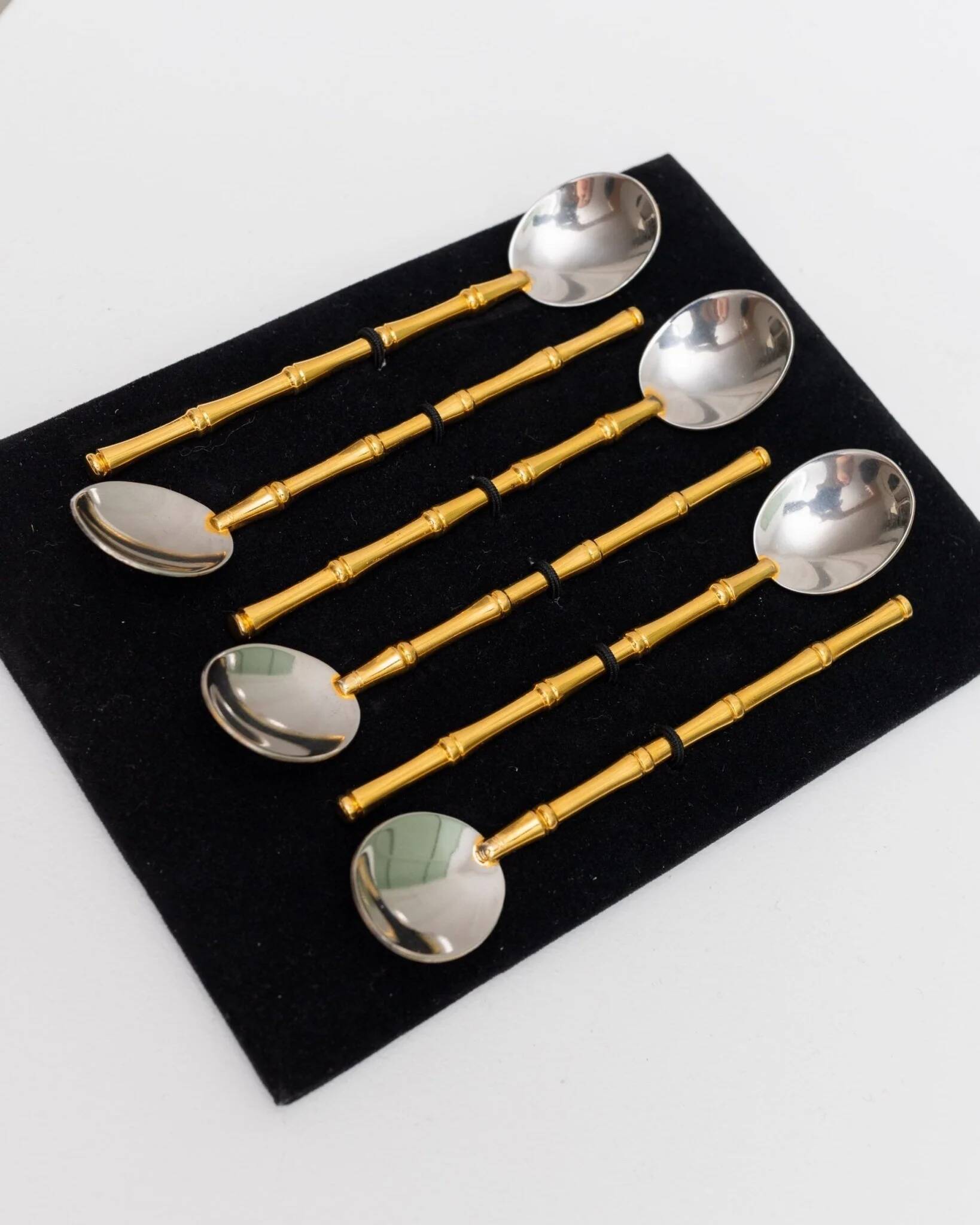 Two-Tone Gucci Bamboo Spoons Set - Gold-Plated Handles, Silver Bowls, Vintage 1970s Mid-Century Design