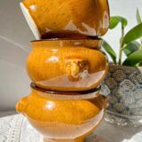 5 vintage lion head bowls in speckled ochre stoneware, Emile Henry style – Made in France