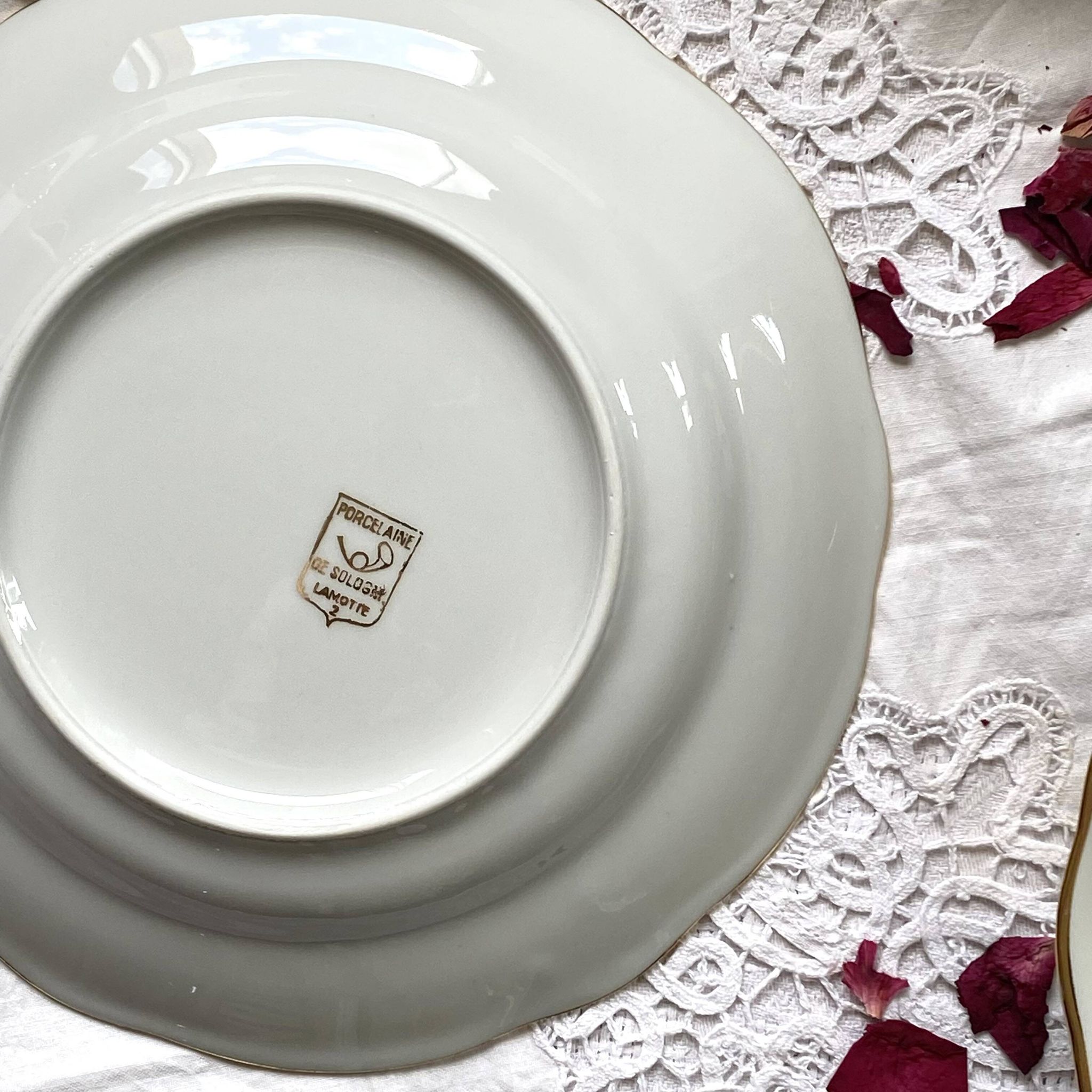 6 deep plates white porcelain with gold decoration Sologne Lamotte