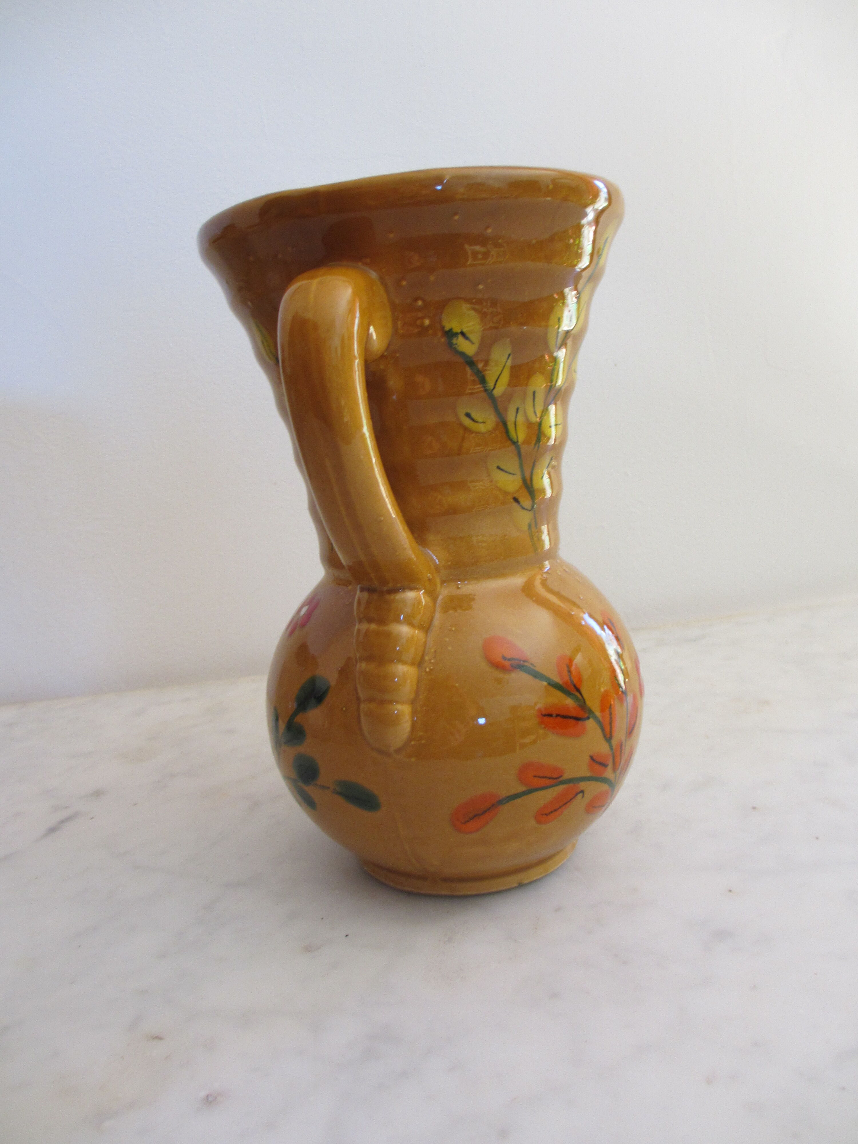 Yellow ceramic vase with motifs, 70s