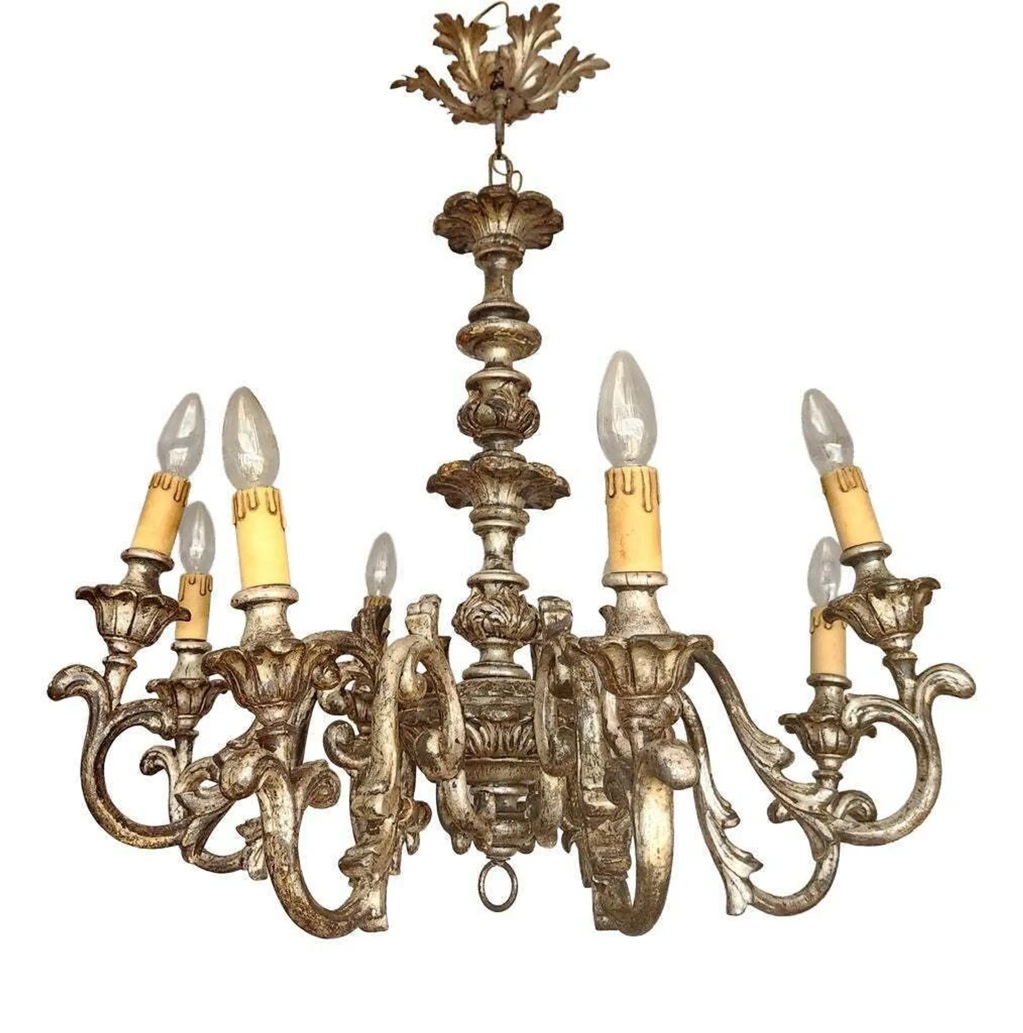Xl Large Vintage Regency Mid Century Louis XV Baroque Rococo Hand Painted Carved Wood 8 Light Chandelier Floral, Italy, Florence 1920 1950