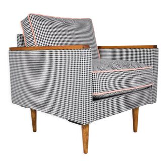 Fauteuil original du milieu du siècle, années 1970, restauré, pied de poule