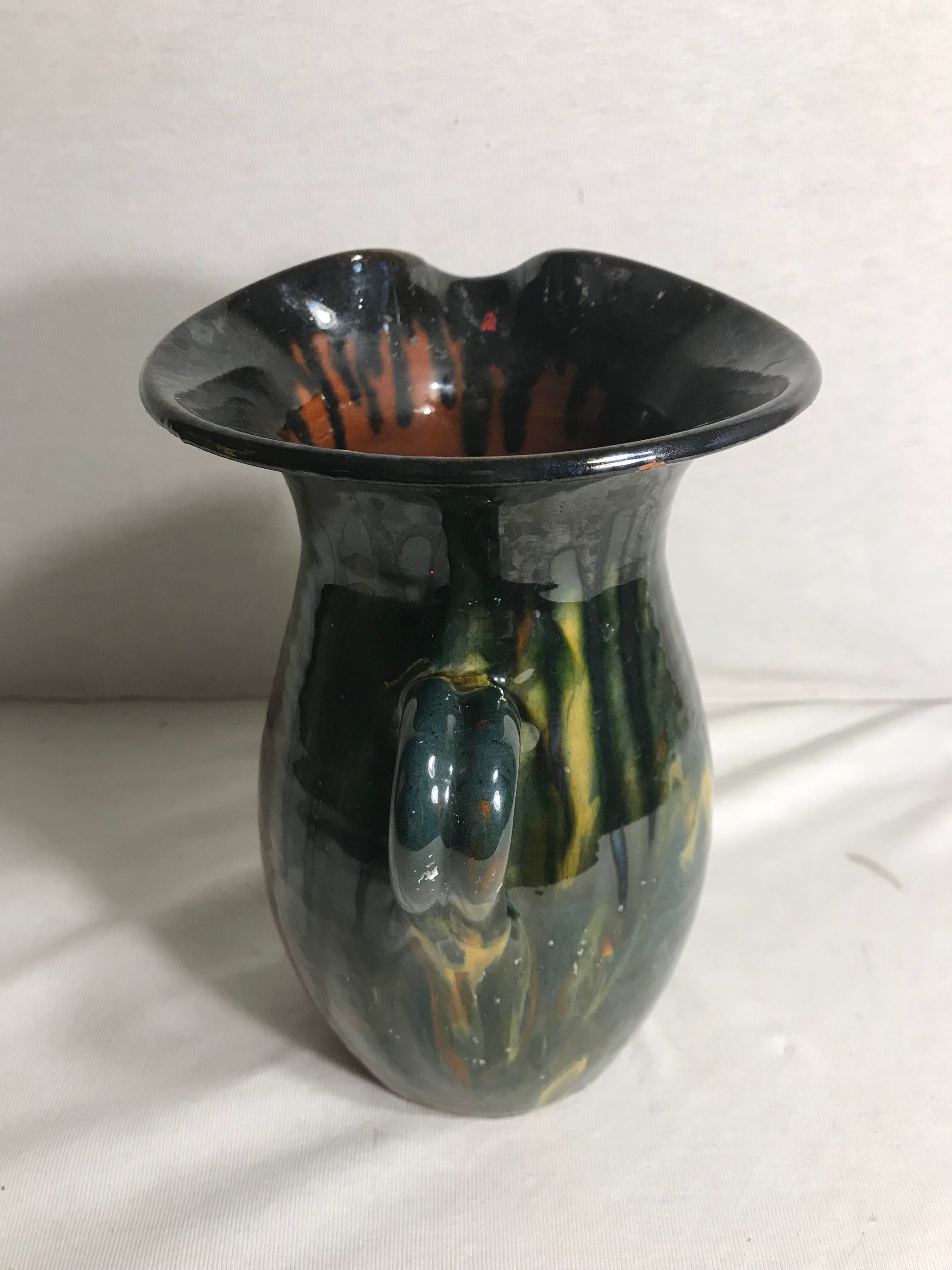 Ceramic jug enamelled yellow-green & orange 70's