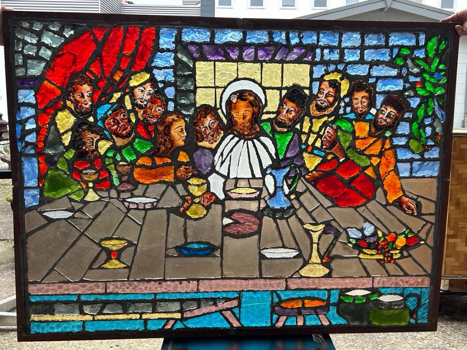 Large stained glass window the last supper circa 1960 - raw glass blocks - h 119 x l 161 cm