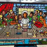 Large stained glass window the last supper circa 1960 - raw glass blocks - h 119 x l 161 cm
