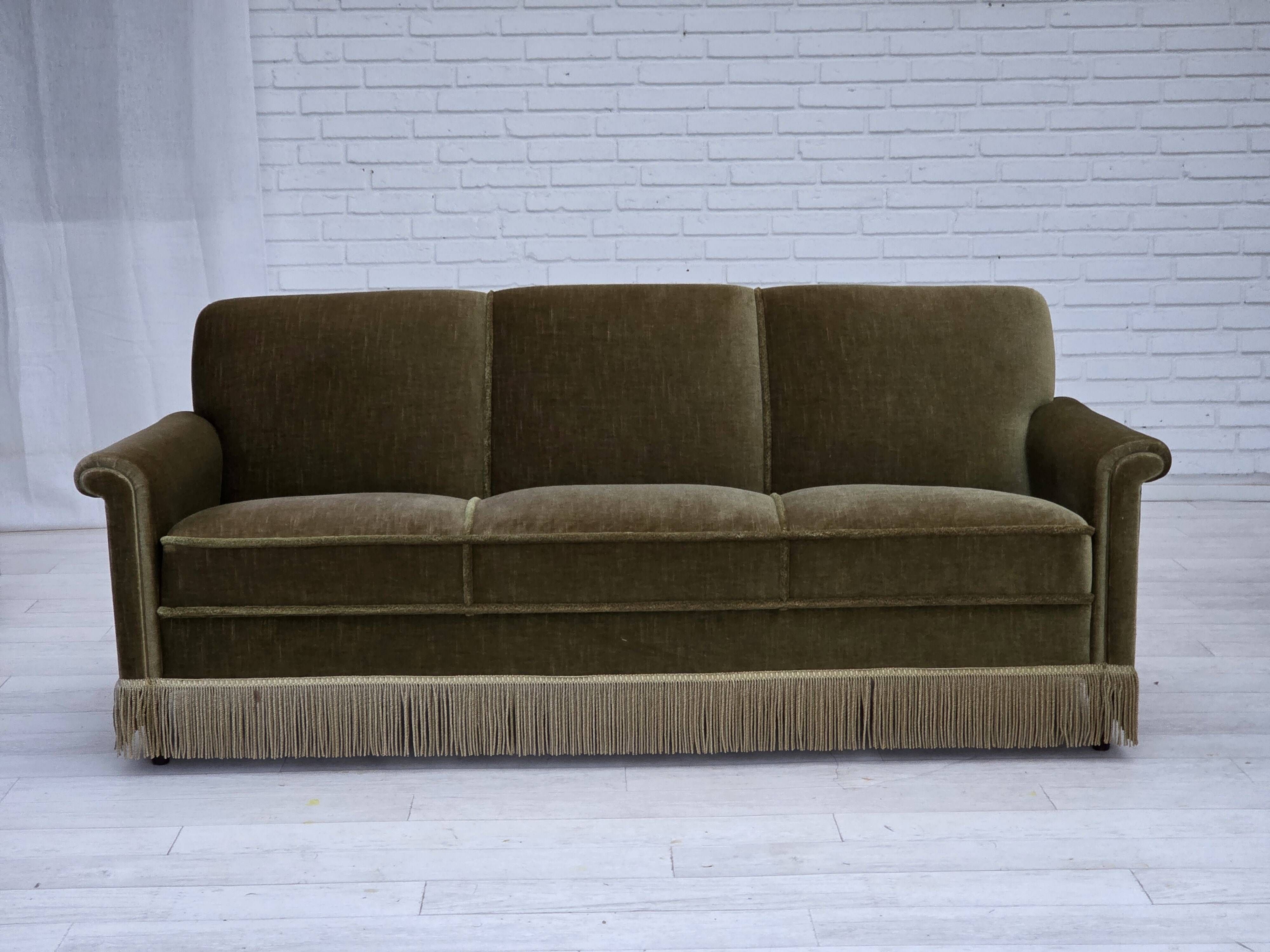 1970s, Danish 3-seater sofa, green furniture velour, teak wood legs.