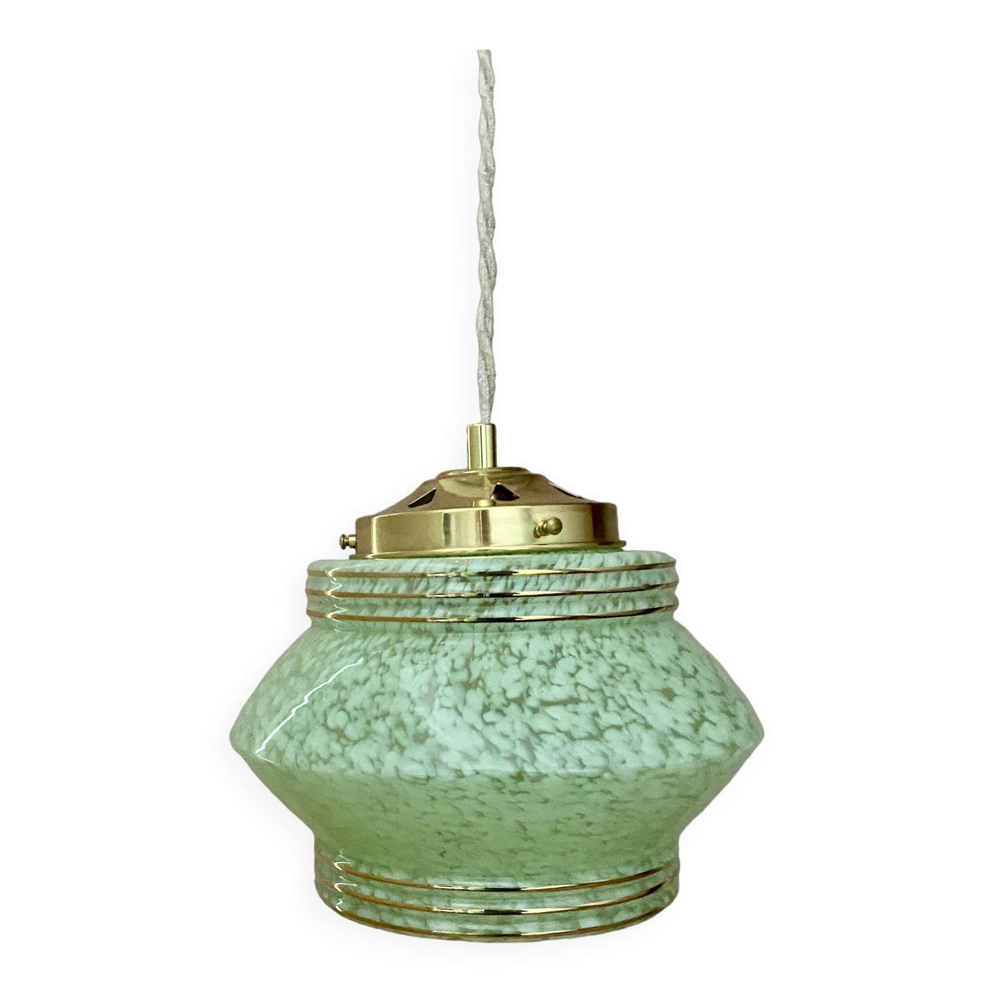 Art Deco globe pendant light in mint green and gold Clichy glass