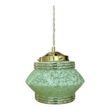 Suspension globe art déco en verre de Clichy vert mint et doré
