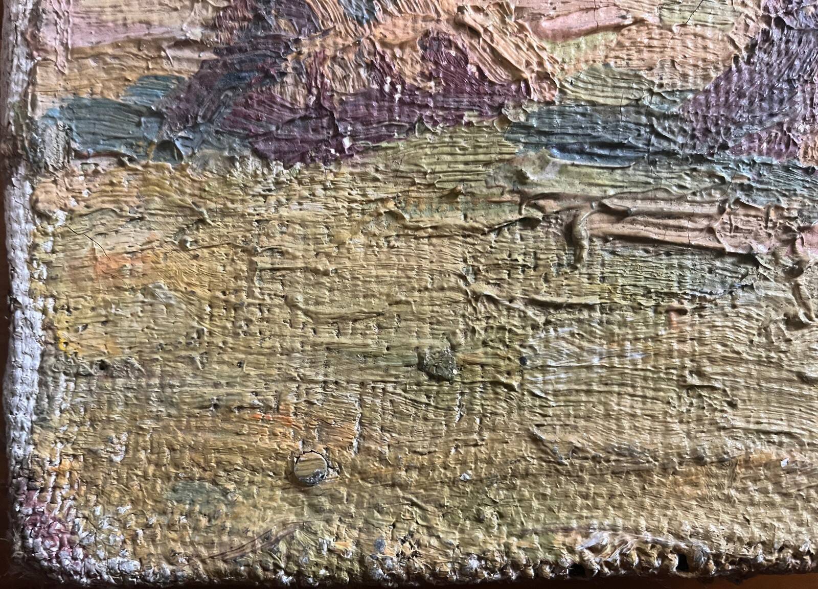 Oil painting on canvas "Landscape with Haystacks and Village" signed Post-Impressionist