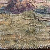 Oil painting on canvas "Landscape with Haystacks and Village" signed Post-Impressionist